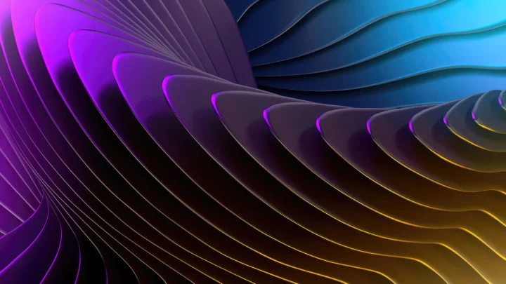 画面呈现紫色、蓝色与金色交织的立体抽象波纹和发光线条。