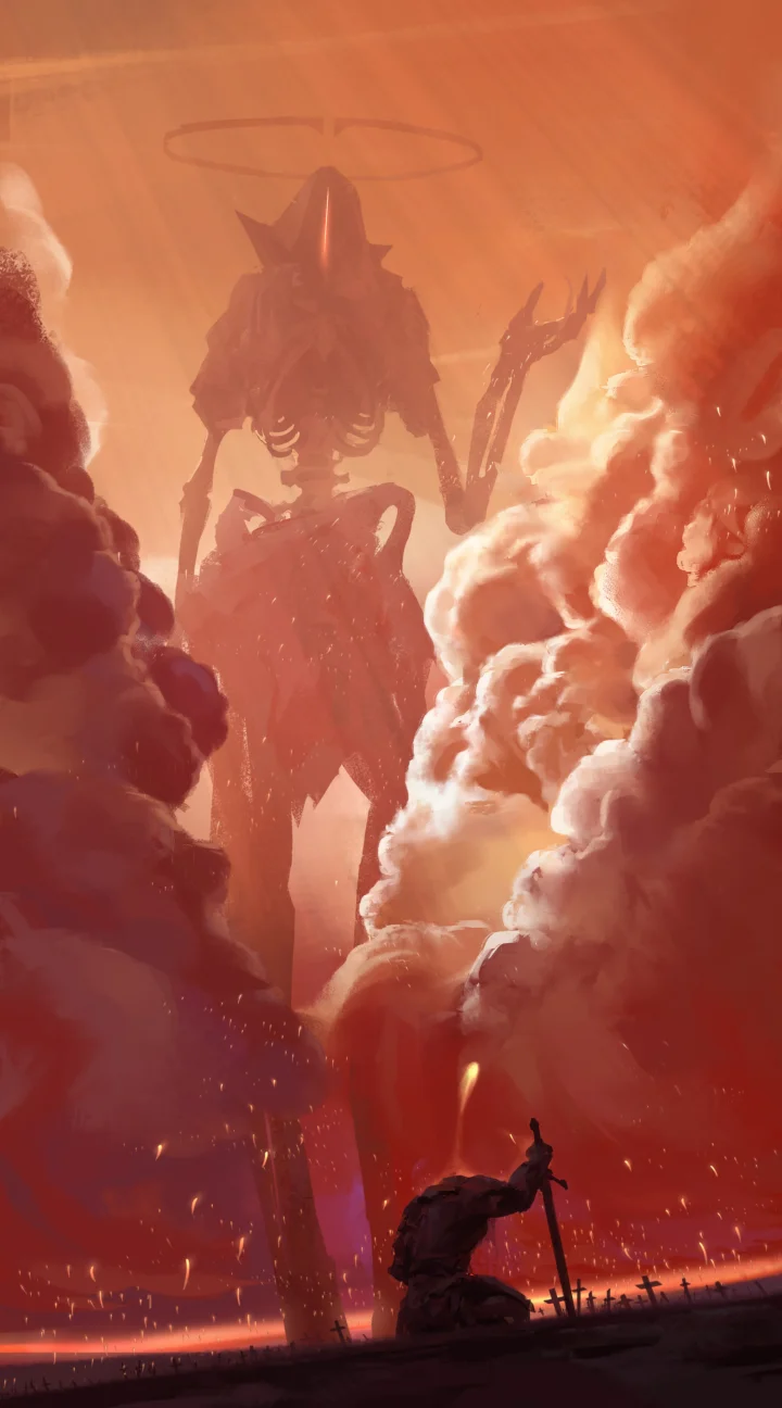 一只巨大的黑暗奇幻生物从红橙色云海中升起，画面底部有一个跪坐的微小剪影。