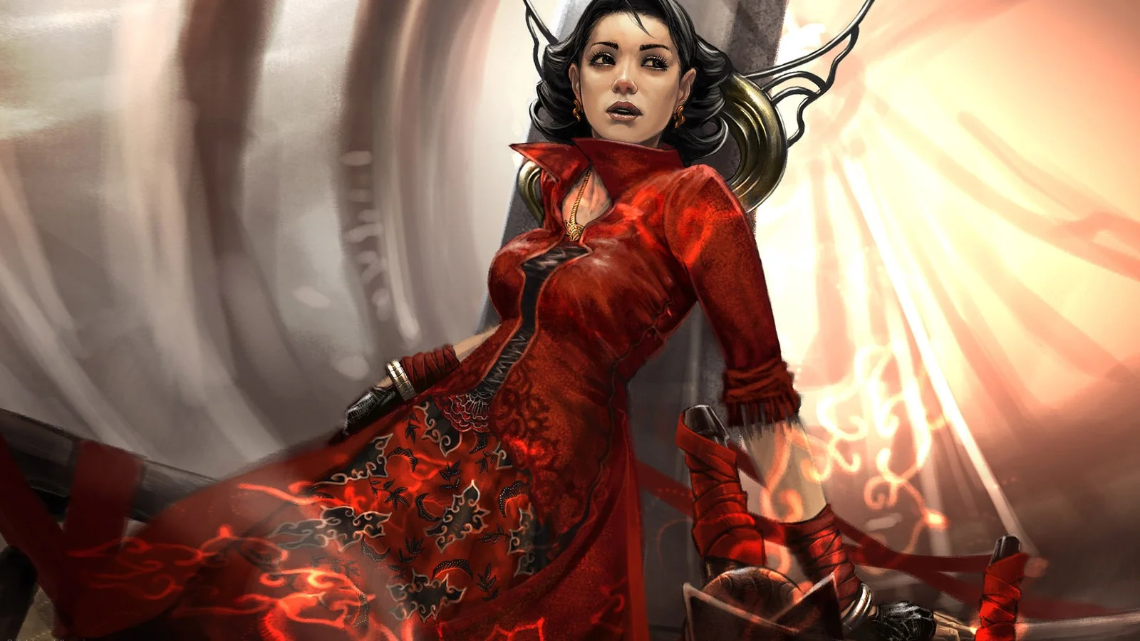 一名身穿红色服装的女性幻想战士站在明亮的光影背景前。