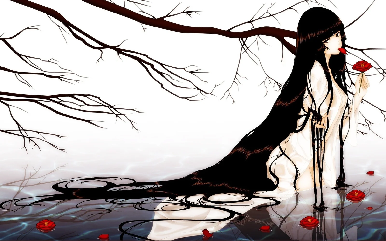 黒髪で白い服を着たアニメ風の女性が、広がる木の枝の下で赤いバラを手に水面のそばに立っている。