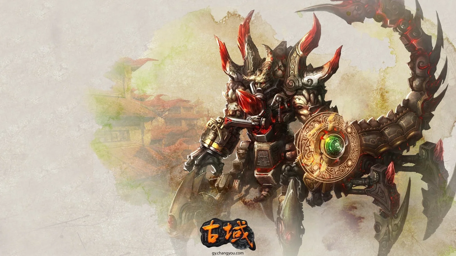 画面中央是一名手持盾牌、身披 ornate 铠甲的暗黑幻想战士，背景带有淡雅的东方建筑与水墨质感。