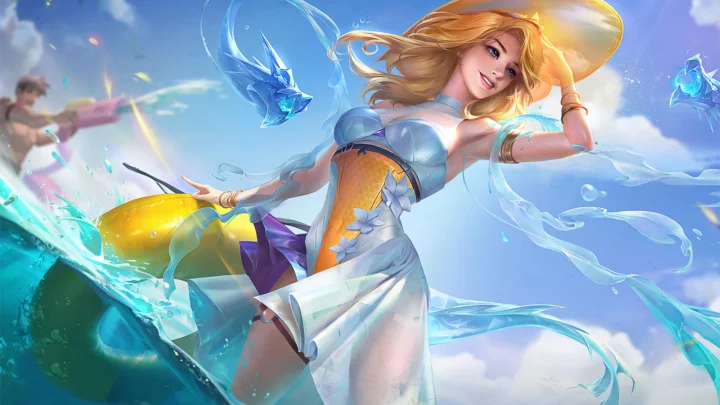 一名金发动漫女性站在飞溅的水流与蓝天之间，画面色彩明亮梦幻。