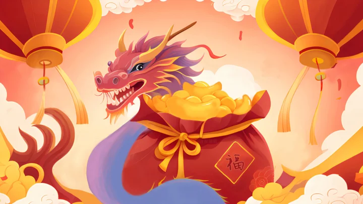 画面描绘一条色彩鲜艳的祥龙，身披红色服饰并托着金元宝，周围悬挂着红灯笼和祥云。