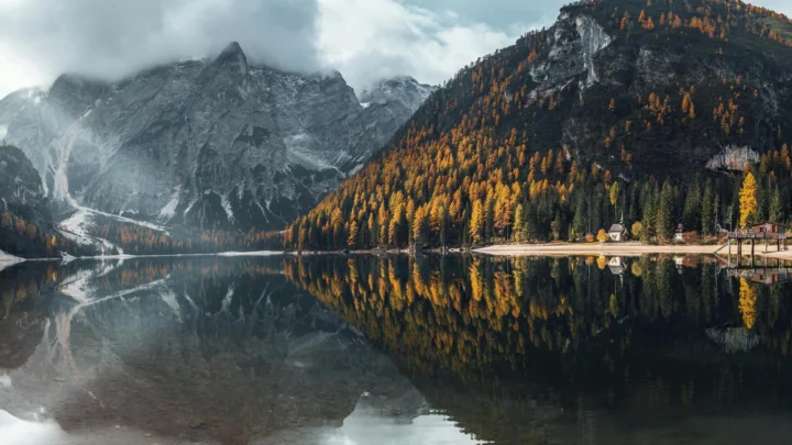 群山、秋色森林与宁静湖面倒映在一起，构成开阔的自然风景。