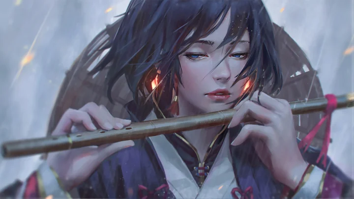 一名黑发动漫人物在柔和光影中横吹长笛。