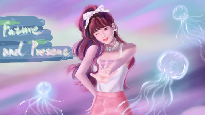 一位戴着蝴蝶结的动漫少女置身于粉紫色梦幻背景和发光水母之间。