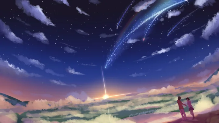 插画风格的夜空中，流星划过繁星与云层，远处地平线泛着夕阳光芒，右下方站着两个人影。
