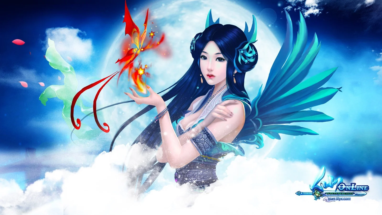 一位蓝发动漫女性置身云海与蓝色幻想光影中，身后展开巨大的羽翼。