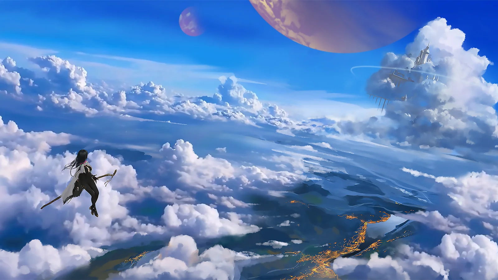 アニメ風の幻想的な空に雲や浮遊する島々、巨大な惑星が描かれています。