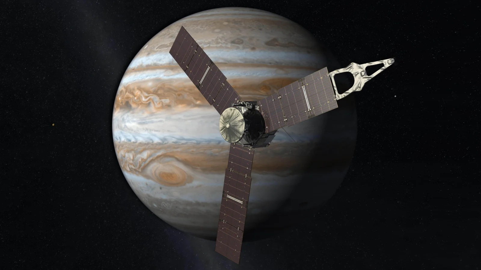 探査機が深い星空を背景に木星の近くを飛行しています。