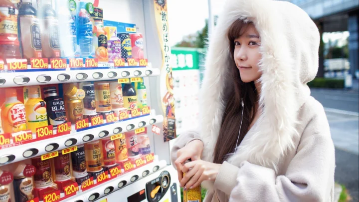 一名戴着白色毛绒连帽的女性站在街边自动售货机旁。