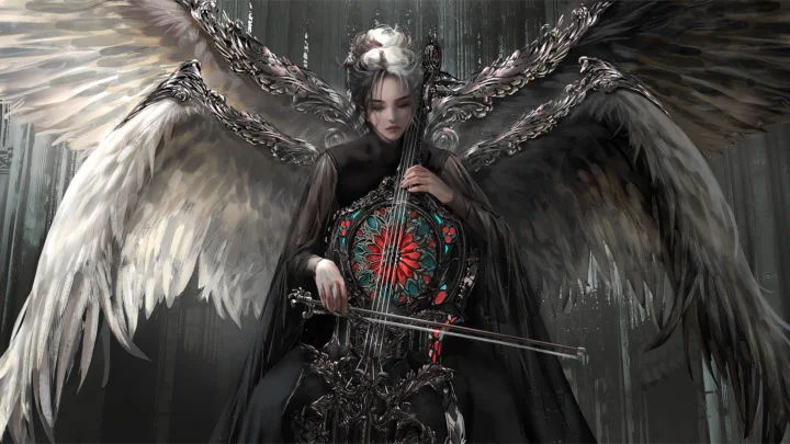 커다란 날개를 가진 여성 일러스트 캐릭터가 어두운 배경 앞에서 현악기를 연주하고 있습니다.