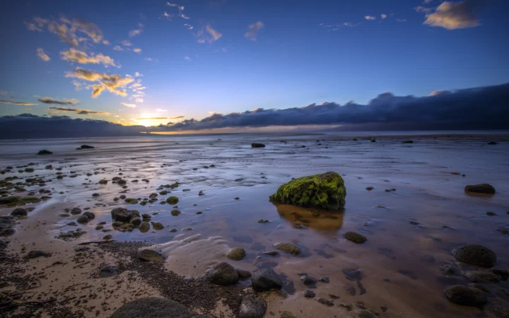 夕阳映照着潮湿的海滩、散落的岩石和远处的云层。