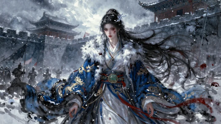 画面描绘一名身穿蓝色古装的女子站在飘雪的古建筑群前。