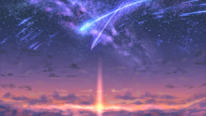 紫蓝色星空中交织着明亮的光束，下方映着粉紫色的地平线。