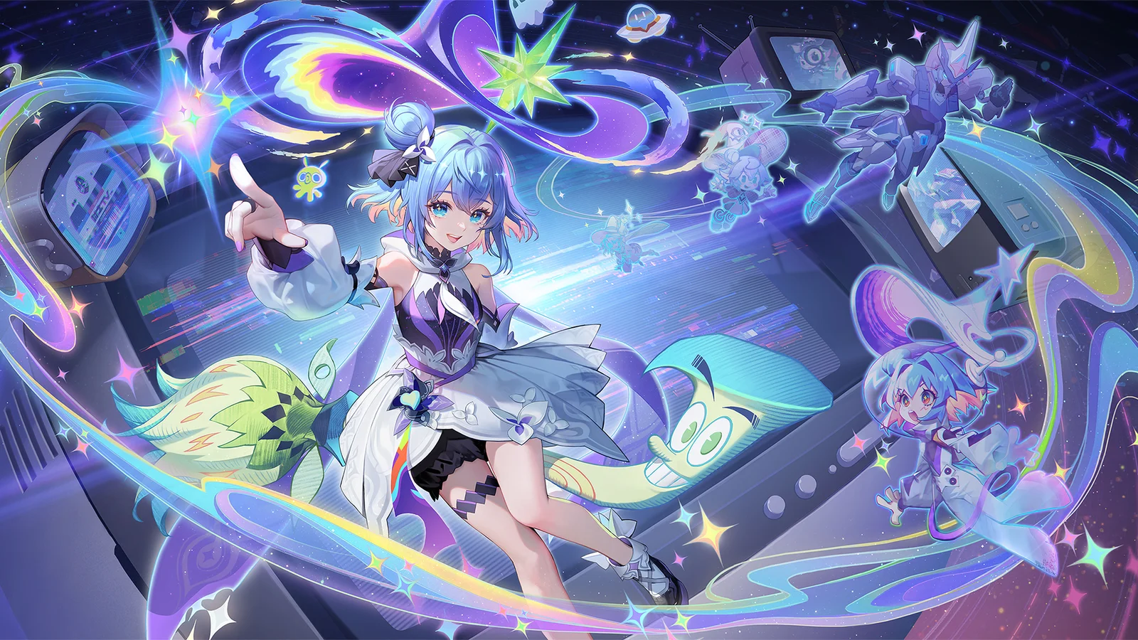 一名蓝发动漫少女站在充满星光、彩色能量带和游戏设备元素的奇幻画面中央。