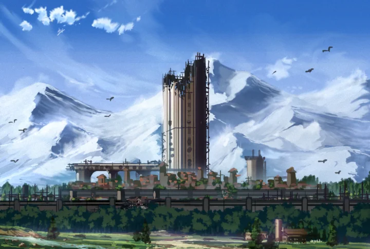 一座高耸的工业建筑坐落在城市中，背景是白雪覆盖的群山，天空中有飞鸟。