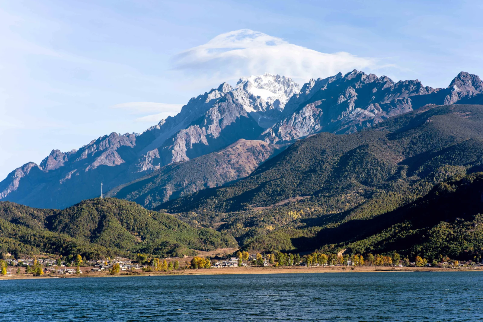 湖水前方是覆盖森林的山谷和雄伟的雪山，天空晴朗开阔。
