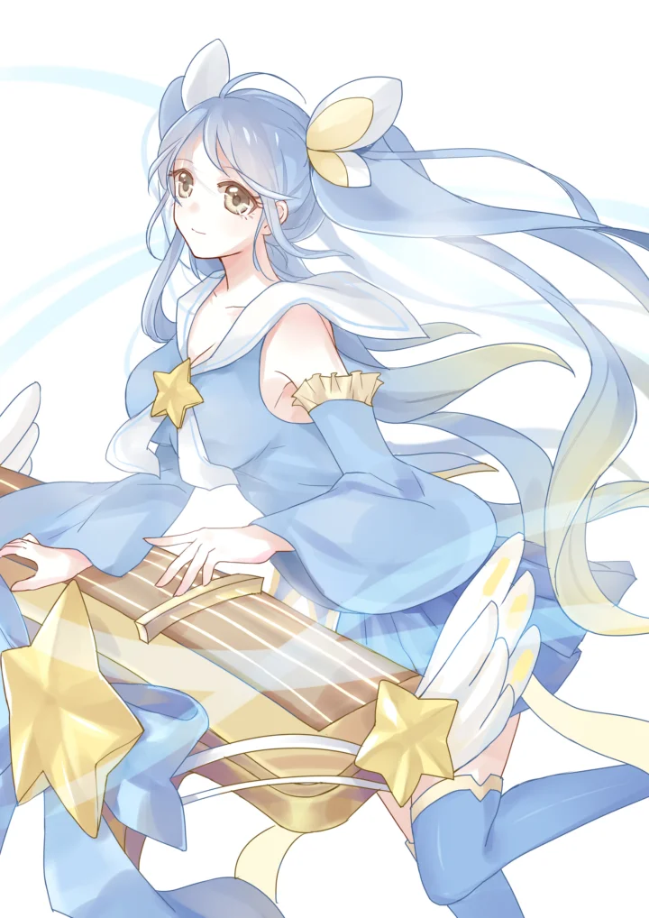 一位身穿蓝色裙装的动漫风格少女演奏古筝，画面以浅色背景和星星装饰为主。