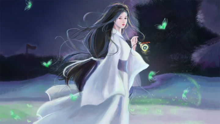 一名身穿白衣的动漫女子站在夜色中的水岸旁，周围飞舞着发光蝴蝶。