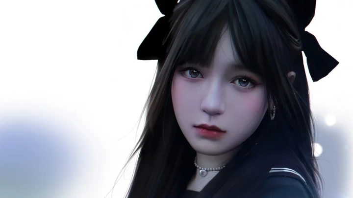 一位黑发动漫少女的近距离肖像，戴着黑色蝴蝶结和珍珠项链，背景为柔和的浅色虚化光影。