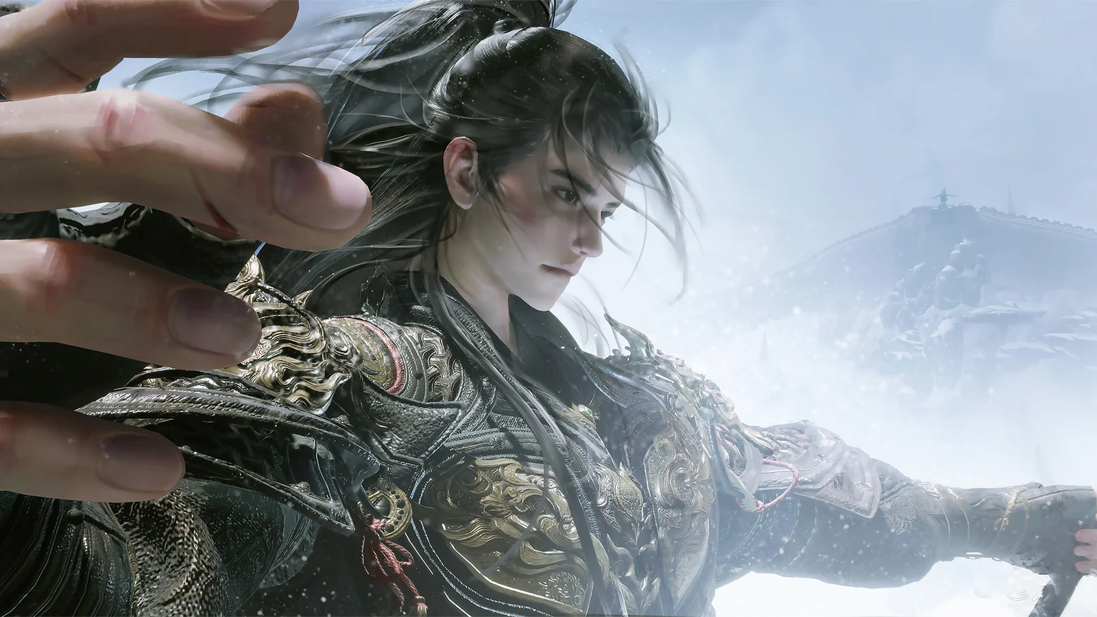 一名身穿 ornate armor 的动漫风格女性武者站在明亮的雾光中。