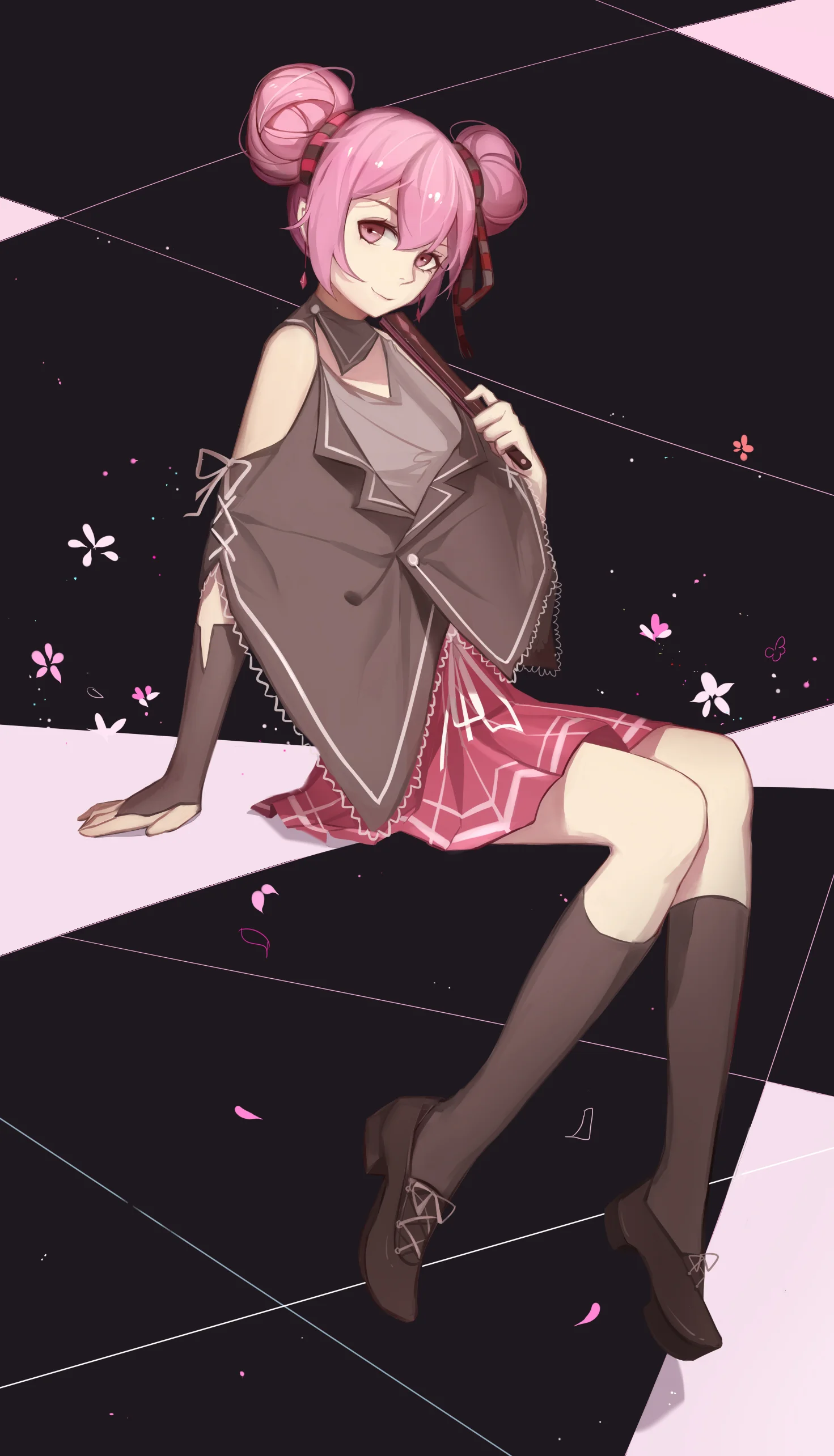 一名粉色雙馬尾動漫女性角色坐在黑粉色幾何背景前。
