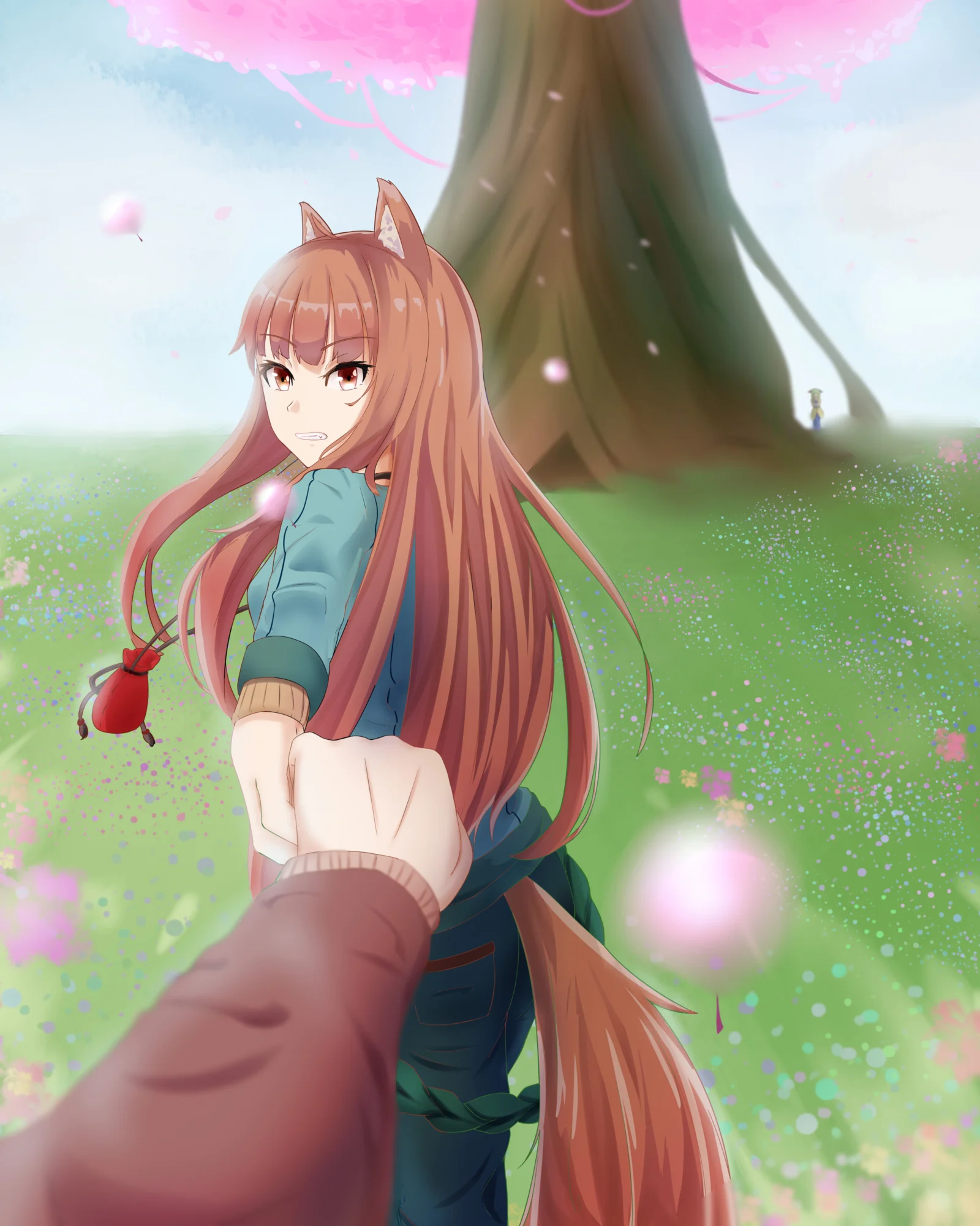 狐耳のアニメ風少女が花畑に立ち、背後にはピンク色の花を咲かせた大きな木があり、手が前景に伸びています。