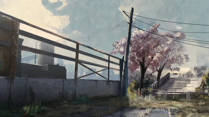 桜の木や都市の建物、階段、電柱を描いた絵画風の街の風景です。