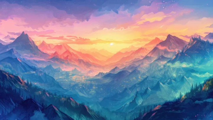 鮮やかな夕焼けが重なる山々と深い渓谷を照らしている。