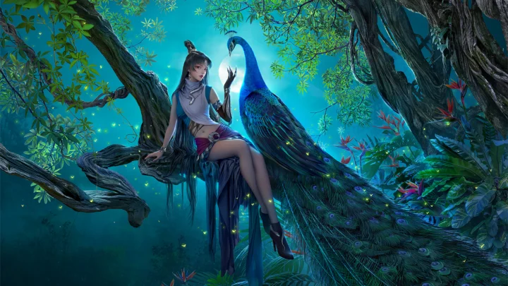 一名女性角色坐在森林树枝上，身旁是一只展开华丽尾羽的孔雀。