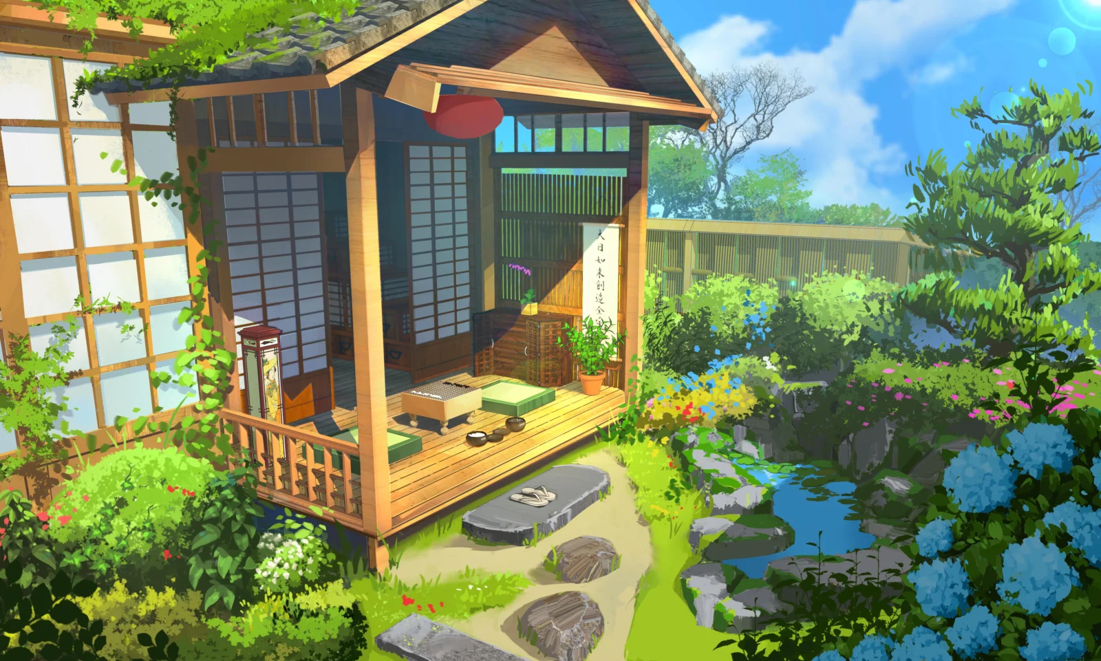 明るいアニメ風の日本家屋が、石畳の小道や池、花々の咲く緑豊かな庭園に囲まれている。