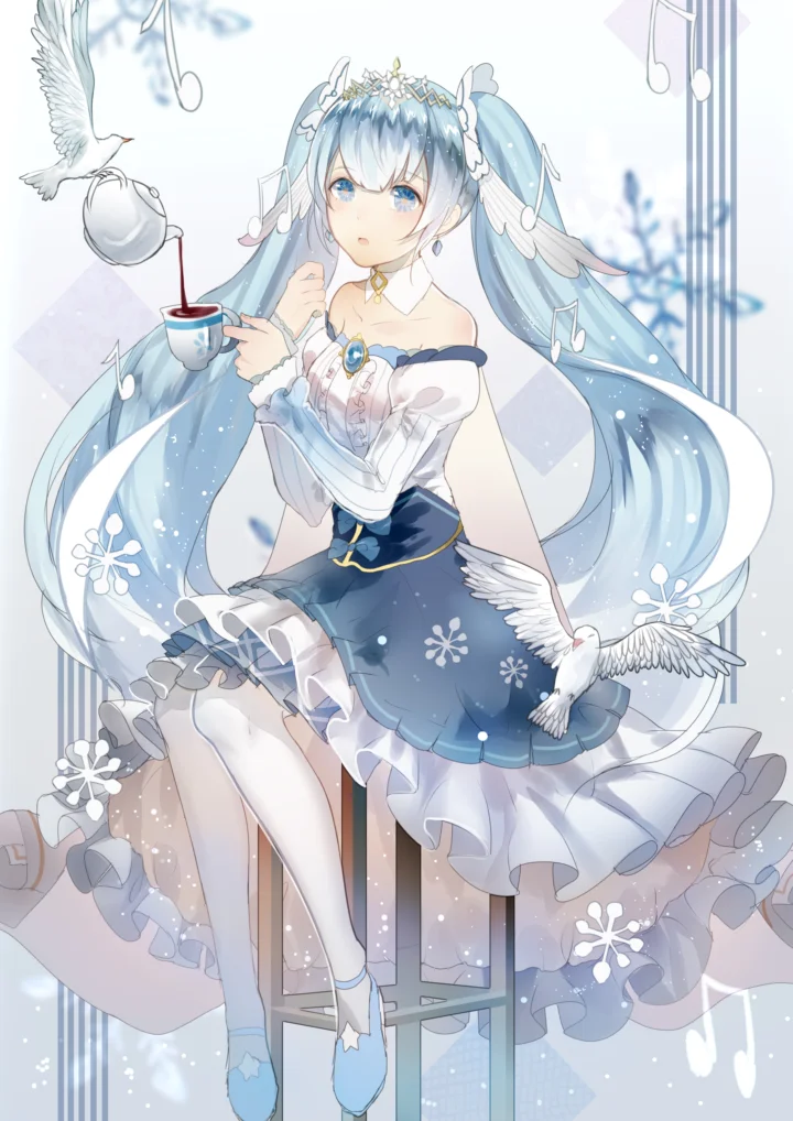 画面描绘一位蓝发动漫少女坐在椅子上，周围有白鸟、飘落的雪花和音符装饰。