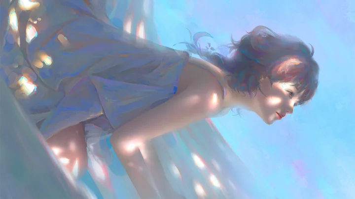 蓝色调动漫插画中，一名女性侧身俯身，周围映照着柔和光影。