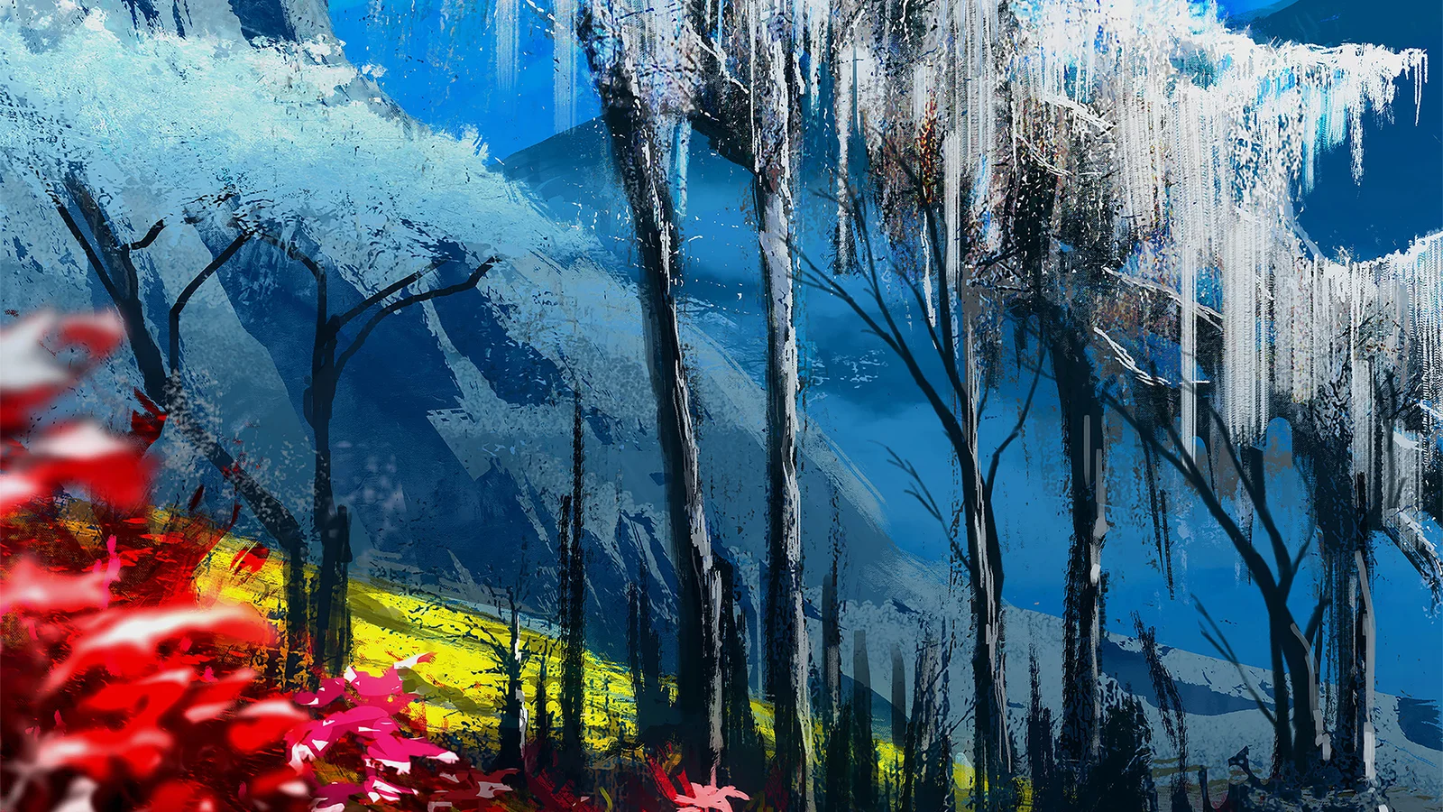 画面呈现蓝色山林、远山、裸树和前景红色花朵组成的抽象风景。