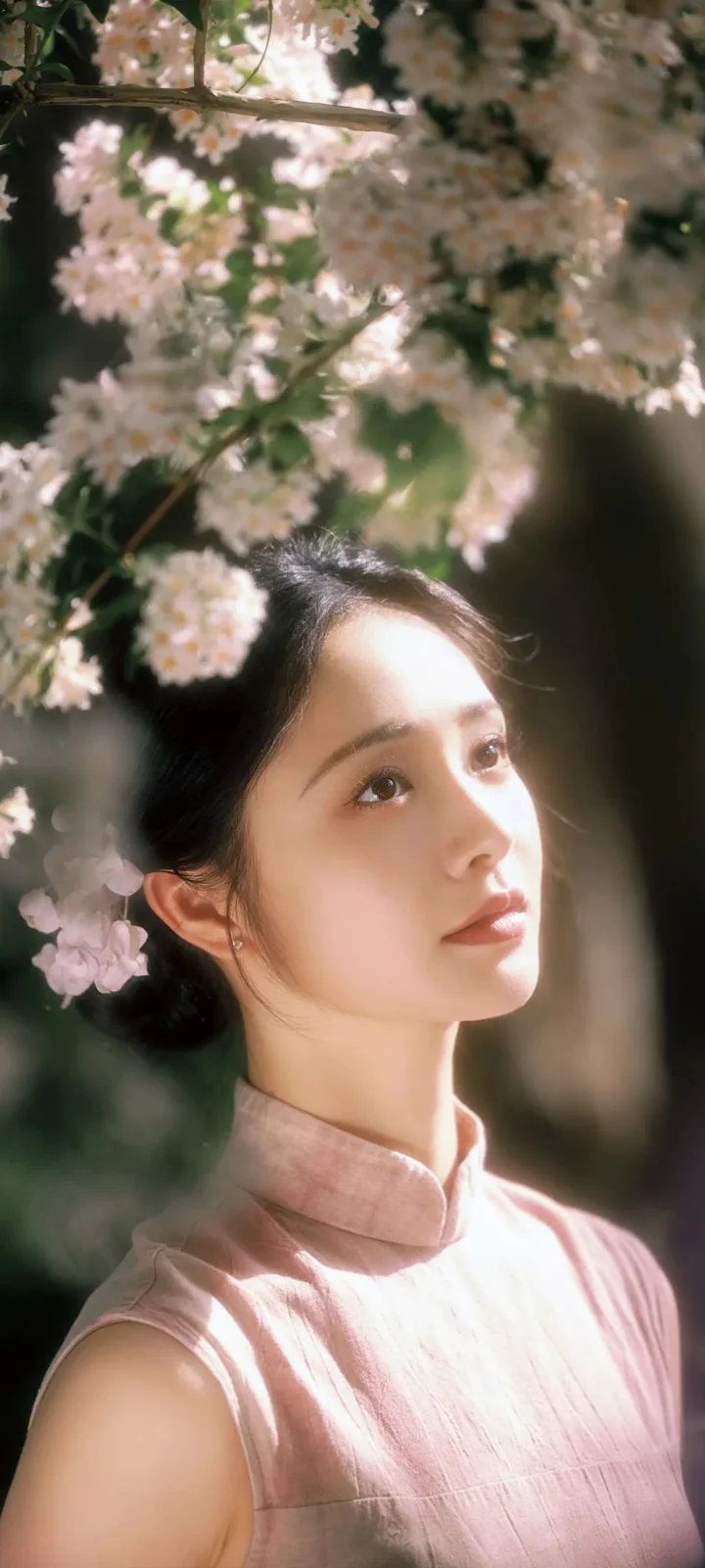 一名成年女子穿着粉色无袖上衣，站在盛开的樱花树下。