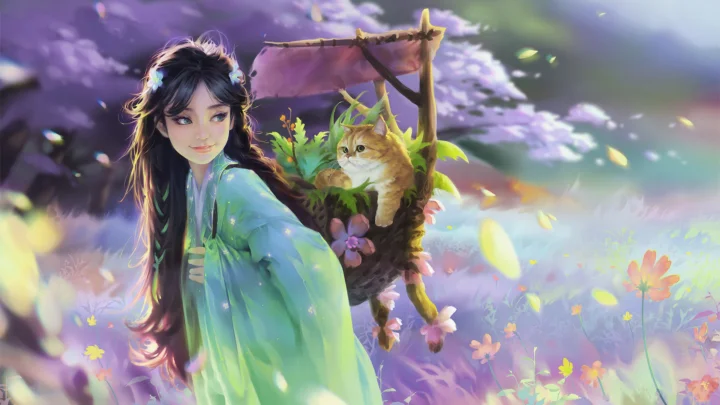 一位身穿绿色衣裙的动漫少女站在花海中，身旁悬挂着装有猫咪的藤篮。