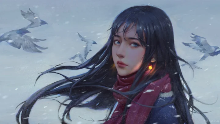 一名黑发动漫风格女性站在飘雪中，背景可见飞翔的鸟。