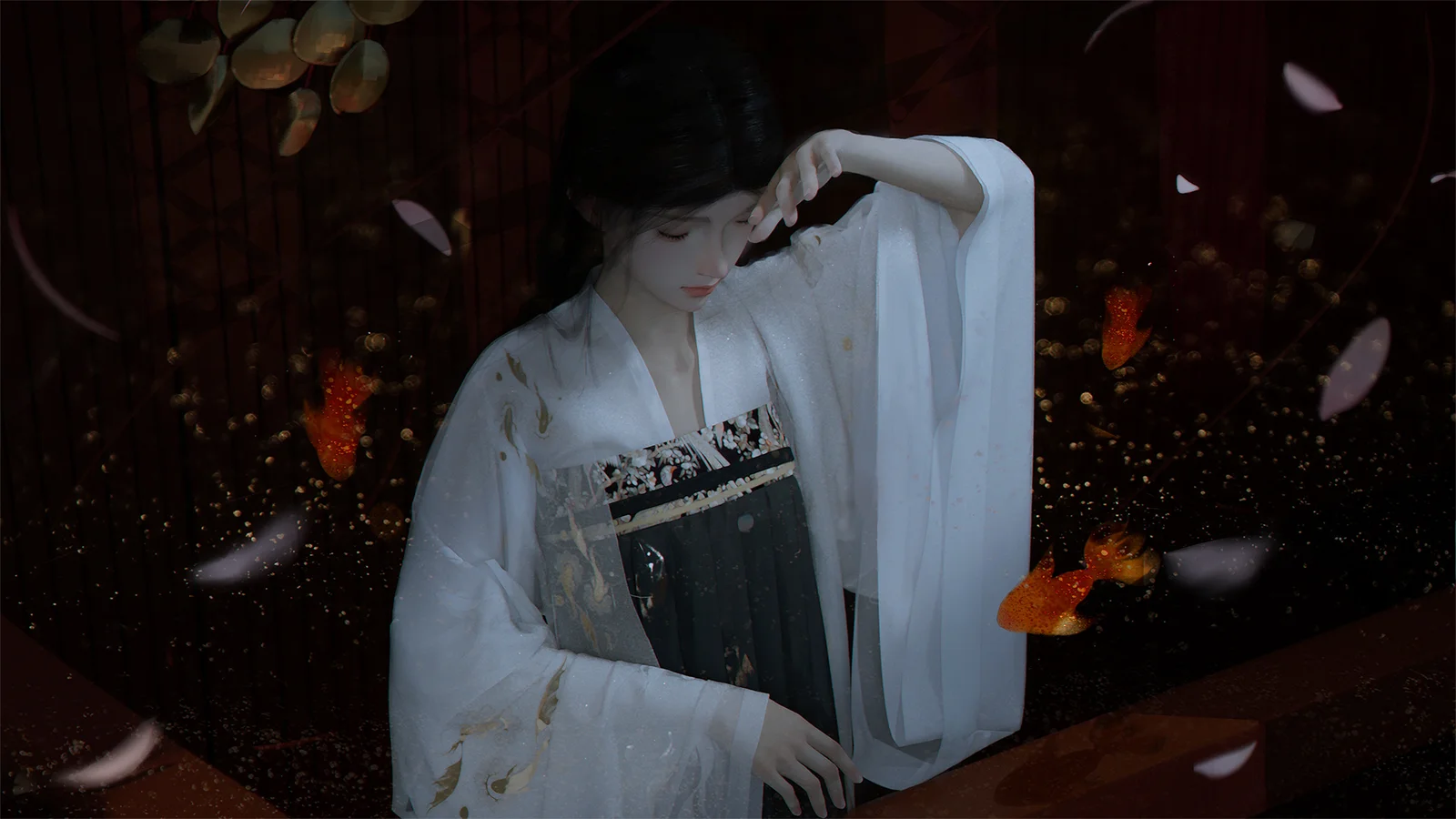 一名身穿白色传统服饰的女子置身于深色背景中，周围点缀着花瓣与光点。