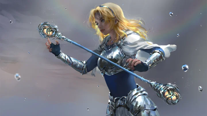画面呈现一位金发动漫风格女性，身穿银色奇幻铠甲并手持魔法长杖，周围漂浮着水滴般的光点。
