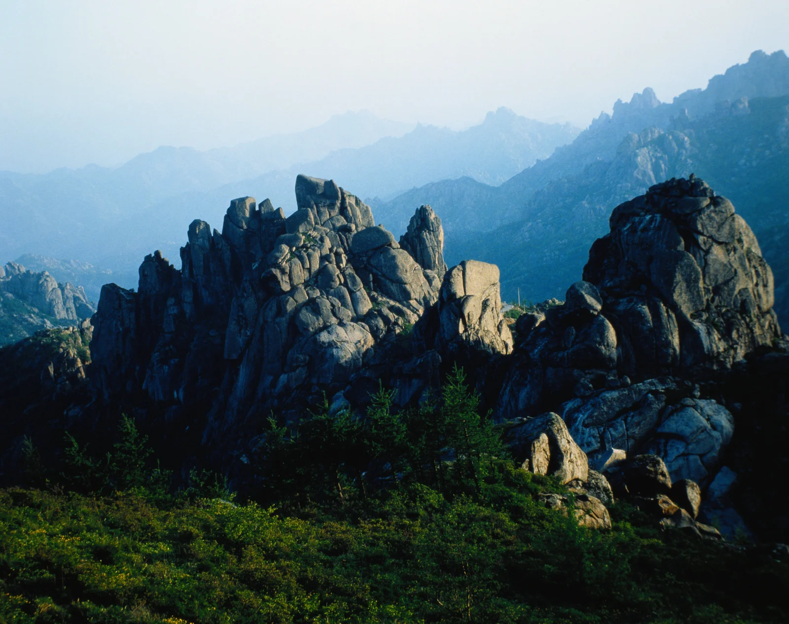 画面展现了层叠的蓝色山脉、嶙峋岩峰与前景森林。