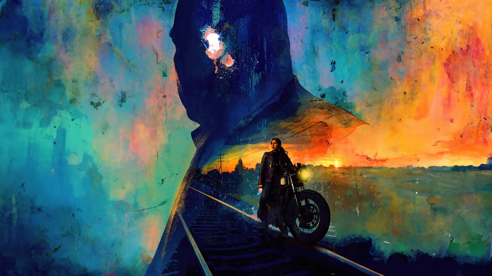彩色繪畫風格畫面中，一名騎摩托車的人行駛在道路上，遠處映著橙色夕陽，背景充滿藍綠色與橙色筆觸。