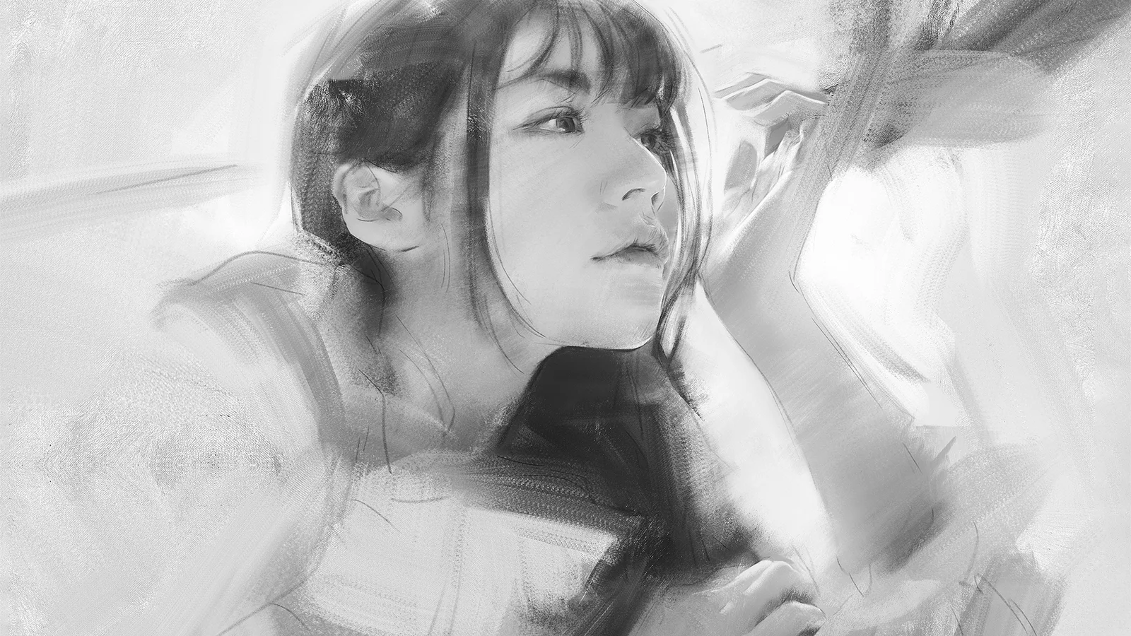 一幅灰度铅笔素描风格的成年女性侧脸肖像。