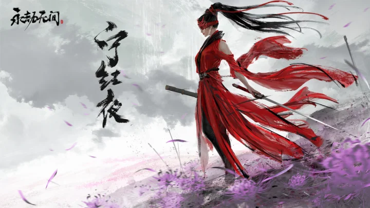 一名身着红色长衣、手持长剑的插画人物站在飘扬的花瓣与墨色背景前。