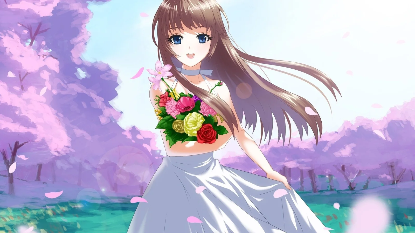 一位手捧花束的动漫少女站在樱花盛开的湖畔。