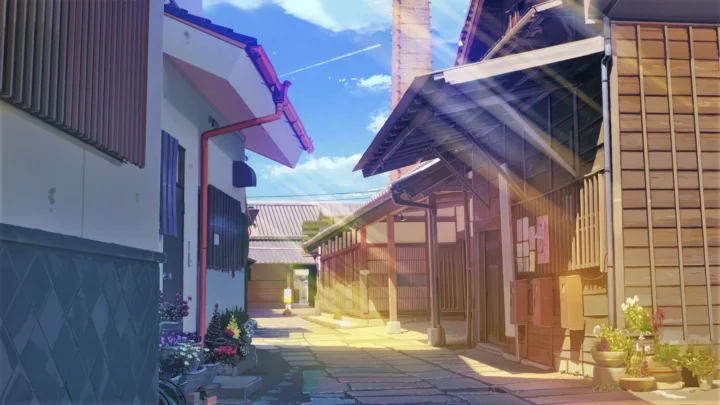 阳光洒在两侧传统木屋之间的安静街巷上。