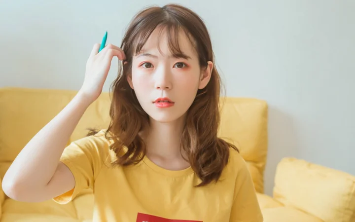 노란색 상의를 입은 성인 여성이 실내 소파 앞에 앉아 카메라를 바라보고 있다.