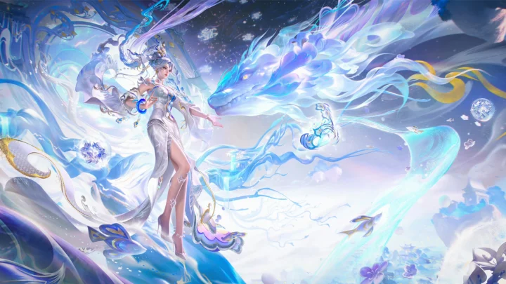 画面描绘一名身着飘逸服饰的动漫女性与一条发光巨龙共同置身于梦幻的蓝白色奇幻场景中。