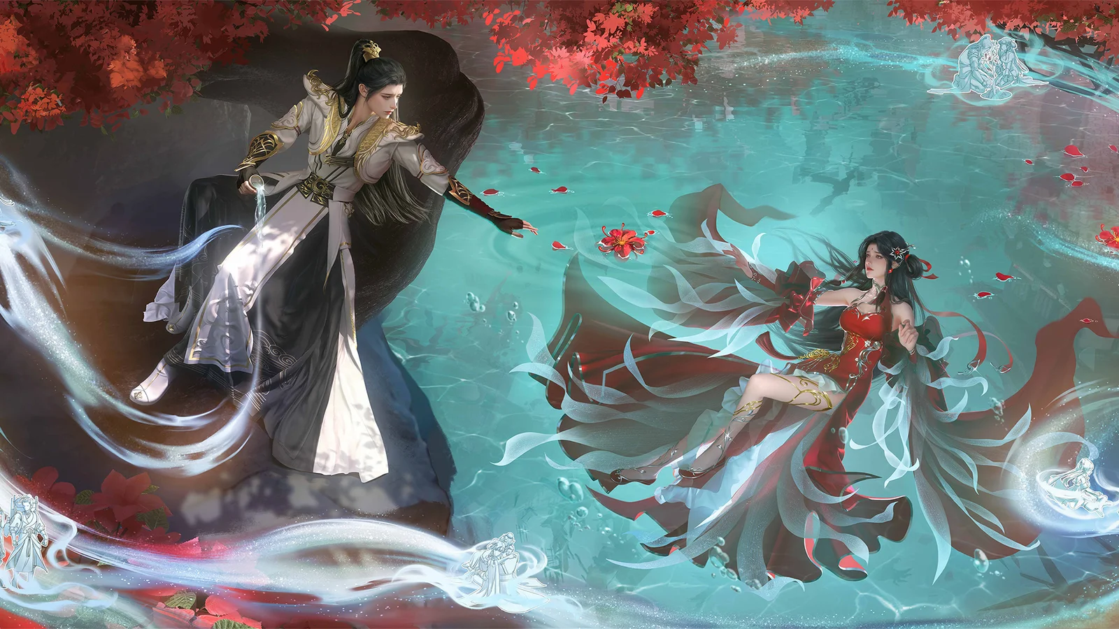 画面描绘两名身着古风服饰的女性幻想角色立于红花与碧水交织的奇幻场景中。