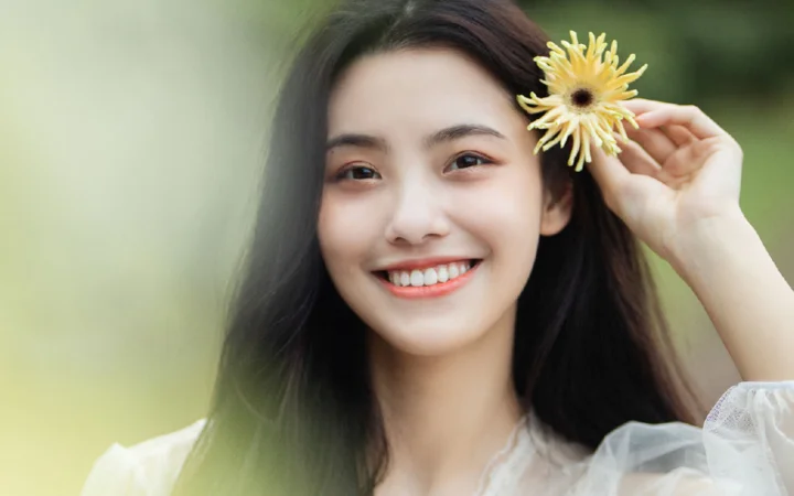 미소 짓는 성인 여성이 노란 꽃을 들고 있으며 배경에는 부드러운 녹색 보케가 보입니다.